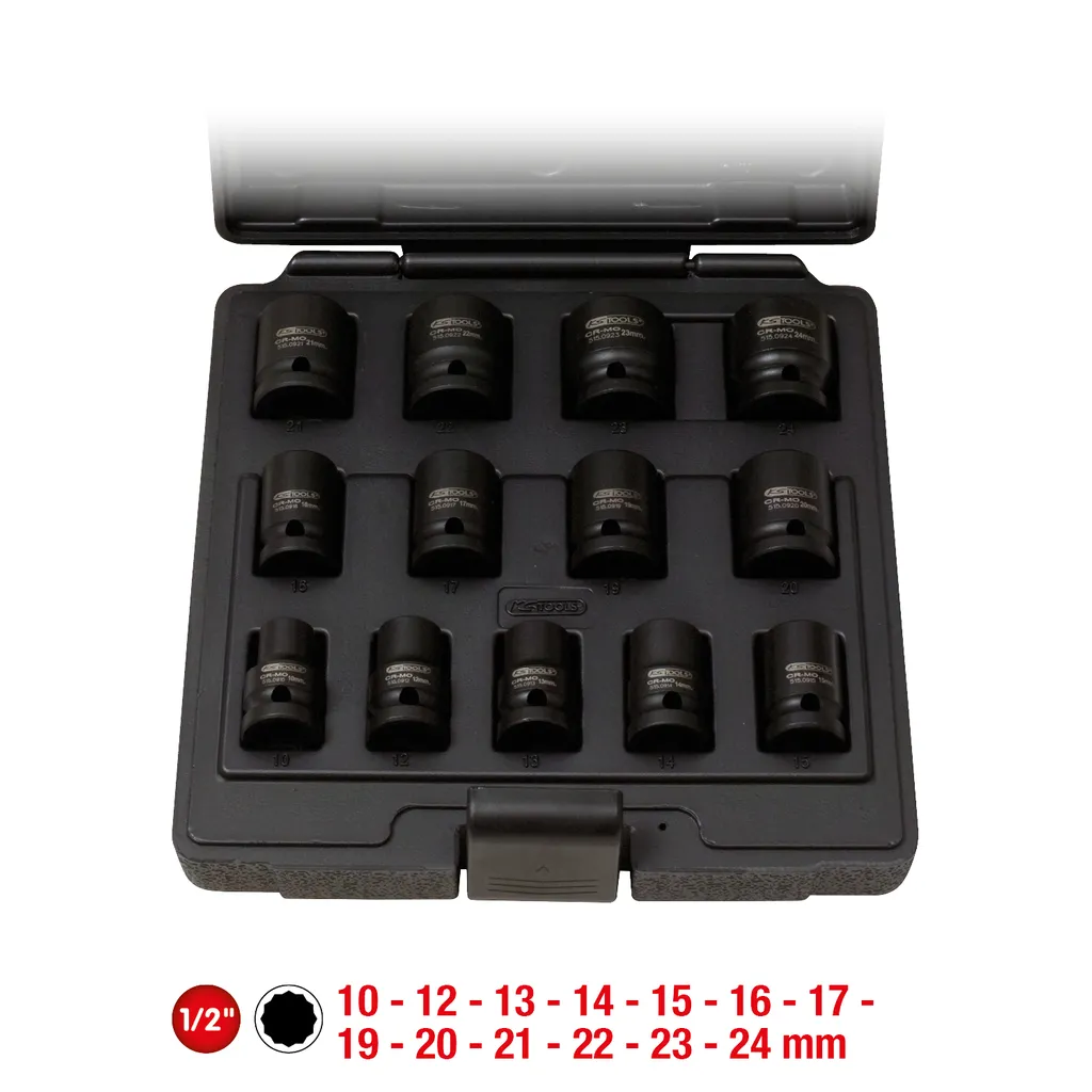 1/2" DOPSLEUTELSET, TWAALFKANT, KRACHT, KORT, 13DLG