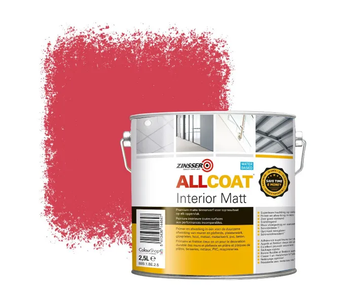 ZINSSER ALLCOAT INTERIOR MUURVERF RAL 3018 AARDBEIROOD  2,5 LITER